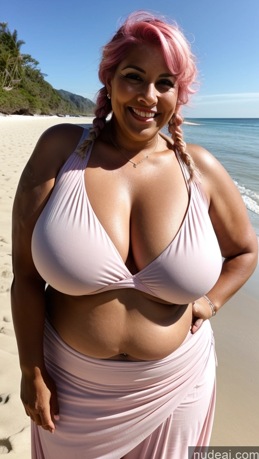 ai nude image of araffe woman in a pink bikini posing on the beach pics of Milf Huge Boobs Tattoos Thick Big Hips Tall Dark Skin Indian T-pose Detailed Sexy Face 60s Beach Close-up View Happy Fat Pink Hair Braided Bikini Long Skirt