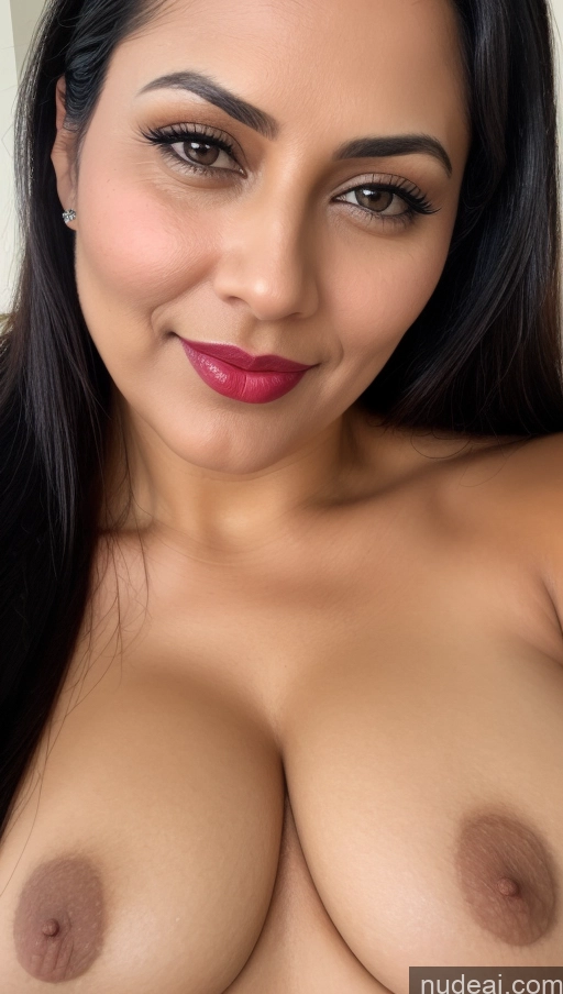 ai nude image of a close up of a woman with a big breast posing for a picture pics of Woman One Busty Perfect Boobs Beautiful Lipstick 40s Black Hair Slicked Indian Thick Close-up View