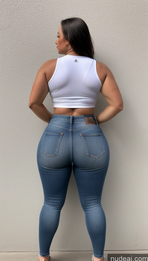 ai nude image of a woman in a white top and jeans standing against a wall pics of Athlete Big Hips Big Ass Jeans