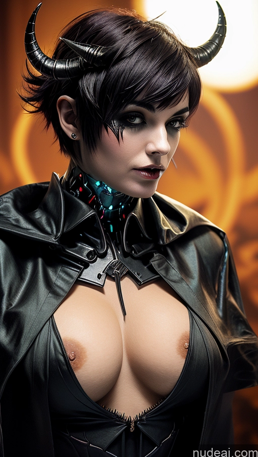 ai nude image of arafed woman in a leather outfit with horns and a collar pics of Perfect Boobs Pubic Hair Tanned Skin French Close-up View Halloween Dark Lighting Futuristicbot V2 Huge Tits, Hard Nipples Succubus Green Hair Pixie