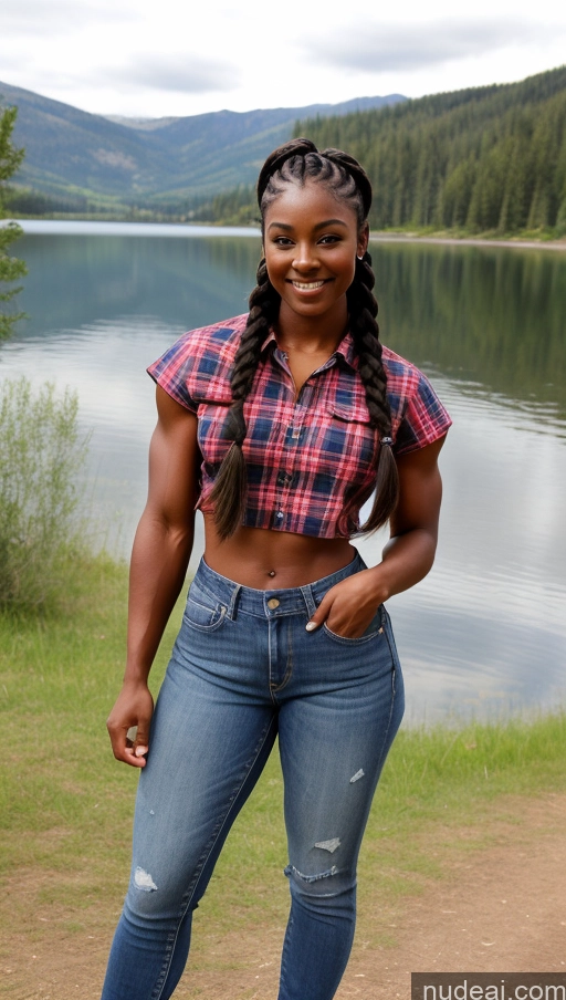 ai nude image of there is a woman standing by a lake with a skateboard pics of Muscular Abs Dark Skin Braided Short Western Thick Big Hips Lake Lumberjack Jeans Shirt Big Ass 18