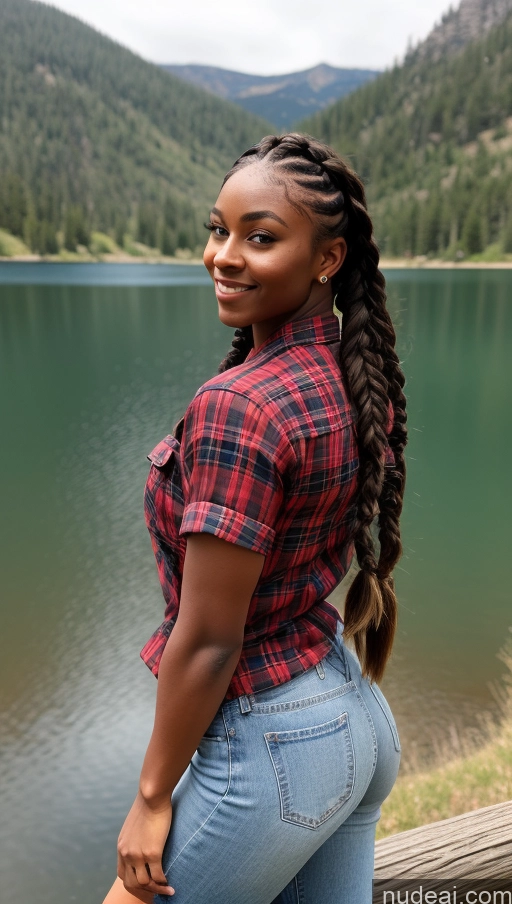 ai nude image of there is a woman standing by a lake with a red and black shirt pics of Muscular Abs Dark Skin Braided Short Western Thick Big Hips Lake Lumberjack Jeans Shirt Big Ass 18