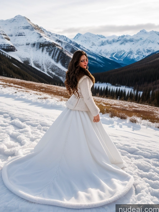 ai nude image of arafed woman in a white wedding dress standing in the snow pics of Miss Universe Model Small Tits Small Ass Muscular Skinny Perfect Body Pubic Hair 20s Sexy Face Brunette Long Hair Italian Close-up View Wedding Traditional Fur Bright Lighting Detailed Snow Dress Plank Jacket Long Skirt