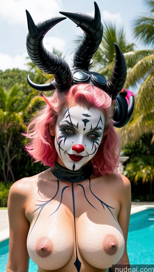 ai nude image of arafed woman with pink hair and horns on her head posing in front of a pool pics of Perfect Boobs Pubic Hair Tanned Skin Pink Hair French Close-up View Clown Futuristicbot V2 Huge Tits, Hard Nipples Succubus Pool