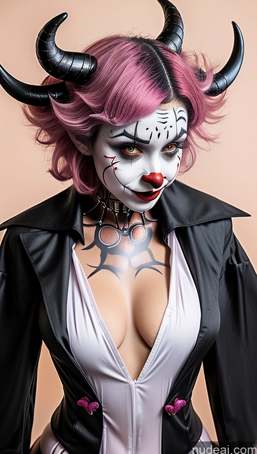 ai nude image of araffe dressed in a costume with horns and a pink hair pics of Perfect Boobs Pubic Hair Tanned Skin Pink Hair French Clown Futuristicbot V2 Huge Tits, Hard Nipples Succubus Small Ass Close-up View