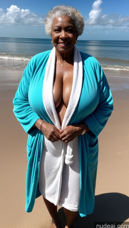 ai nude image of arafed woman in a blue robe standing on a beach pics of Milf Huge Boobs Beautiful Tattoos Muscular Thick Big Hips Tall Dark Skin 80s Seductive Black Beach Sexy Face Ginger Detailed Abs T-pose Bangs Bathrobe Front View