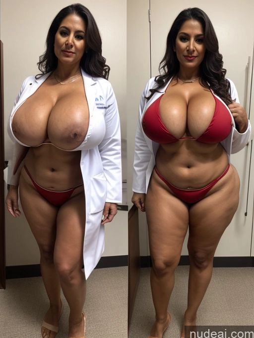 ai nude image of arafed woman in a red bikini and white lab coat before and after a bodybuilding pics of Milf One Busty Huge Boobs Thick Tanned Skin Front View Microkini Thong Indian 70s Vampire Doctor Lab Coat