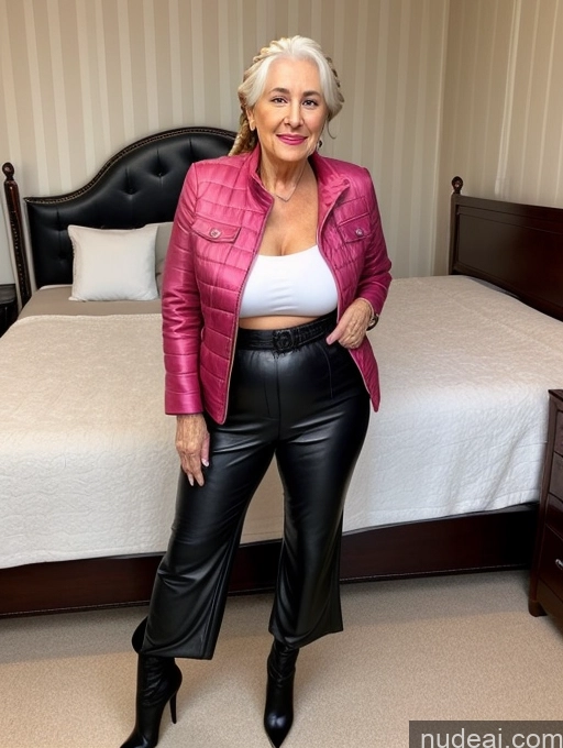 ai nude image of araffe woman in leather pants and a pink jacket posing in a bedroom pics of Milf Perfect Boobs Beautiful Lipstick Skinny Perfect Body White Hair Braided German Bedroom Front View Boots Harem Pants Jacket Leather Woman Open Forward Sexy Face Front Facing Full Body 80s High Heels