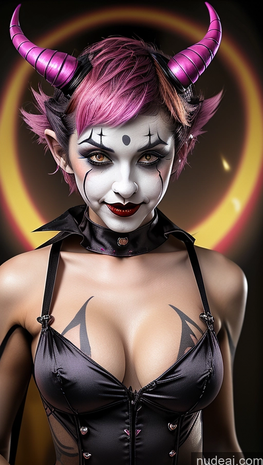 ai nude image of arafed woman with pink hair and horns in a corset pics of Perfect Boobs Pubic Hair Tanned Skin Pink Hair French Close-up View Clown Futuristicbot V2 Huge Tits, Hard Nipples Succubus Pixie