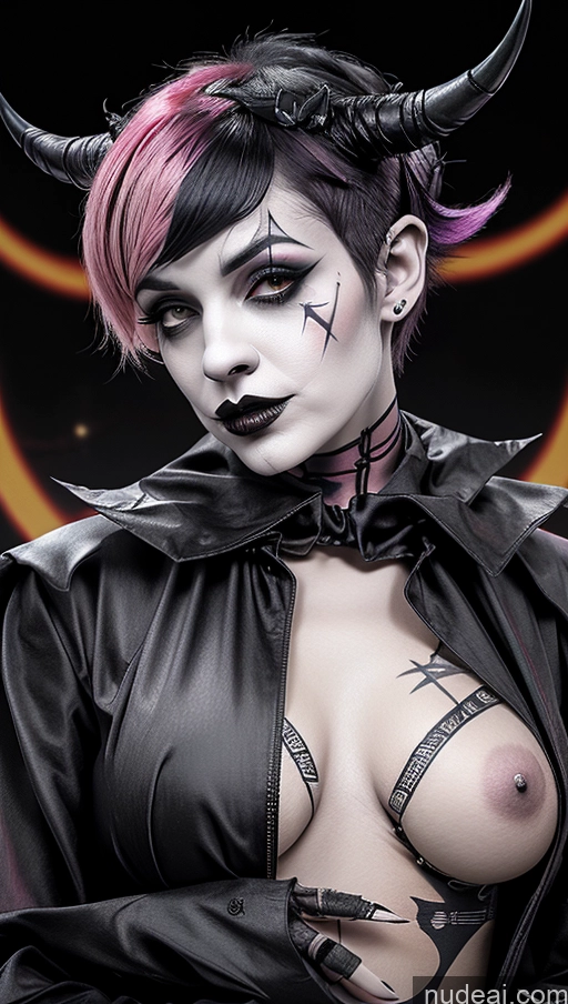 ai nude image of arafed woman with horns and a black leather jacket posing for a picture pics of Perfect Boobs Pink Hair French Close-up View Clown Futuristicbot V2 Huge Tits, Hard Nipples Succubus Pixie Goth