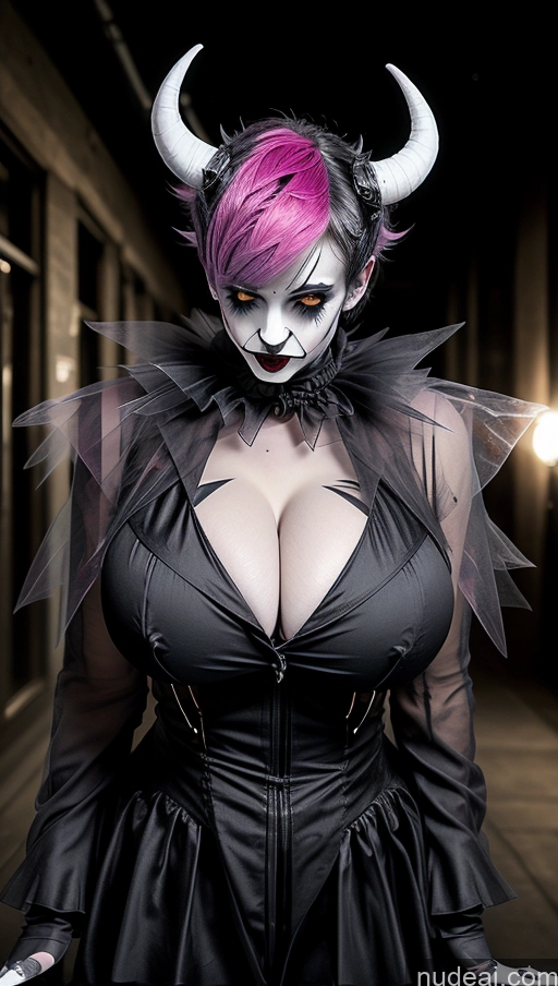 ai nude image of araffe dressed in a black dress with horns and a pink hair pics of Perfect Boobs Pink Hair French Close-up View Clown Futuristicbot V2 Huge Tits, Hard Nipples Succubus Pixie Goth Busty Huge Boobs