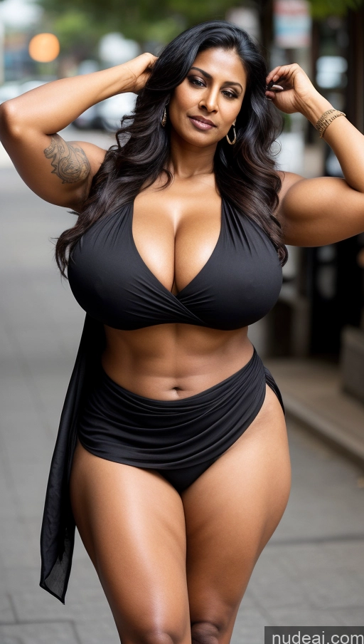 ai nude image of arafed woman in a black bikini posing for a picture pics of Milf Huge Boobs Tattoos Muscular Thick Big Hips Tall Dark Skin T-pose Cleavage Sexy Face Black Hair Beautiful Seductive Simple Busty Indian Long Hair Abs Blouse Sari Close-up View 60s Street