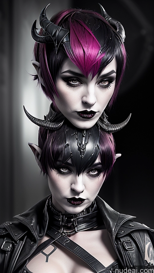 ai nude image of there are two women with horns on their heads and one is wearing a leather jacket pics of Perfect Boobs Pink Hair French Close-up View Futuristicbot V2 Huge Tits, Hard Nipples Succubus Goth Busty Pixie