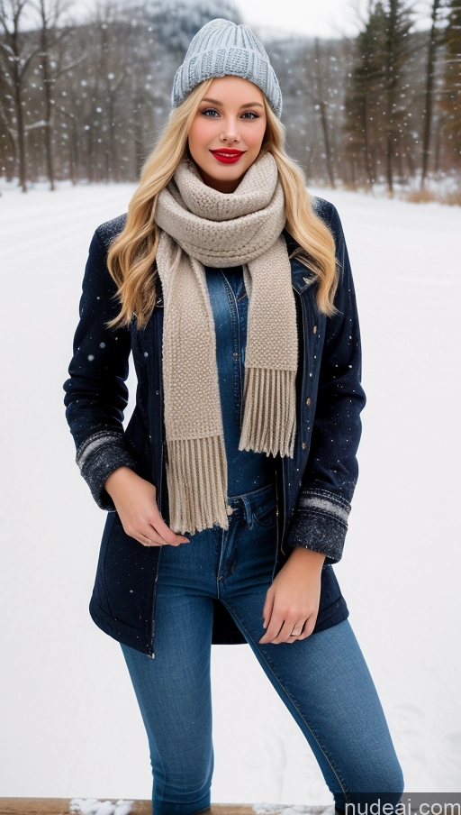 ai nude image of arafed woman in a winter coat and scarf posing for a picture pics of Perfect Body Lipstick 18 Blonde Long Hair Snow Boots Jacket Jeans Hat Scarf Woman