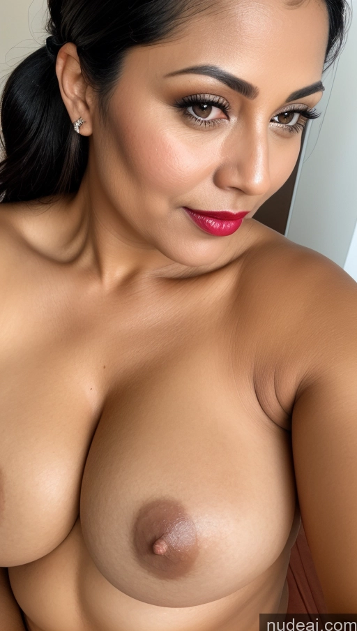 ai nude image of a close up of a woman with a big breast posing for a picture pics of Woman One Busty Perfect Boobs Beautiful Lipstick Thick 40s Black Hair Ponytail Indian Close-up View Detailed