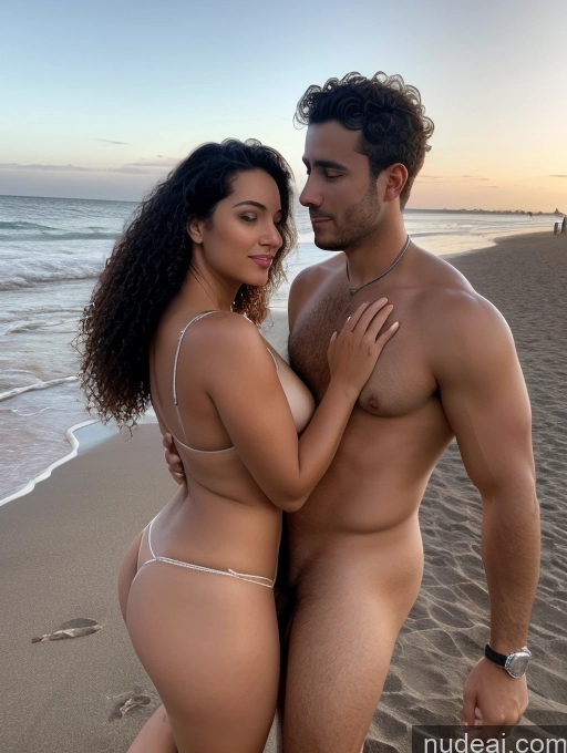 ai nude image of arafed couple posing on the beach at sunset with their bare body pics of Chubby Perfect Body Glasses 30s Seductive Brunette Curly Hair Brazilian Mirror Selfie Beach Front View Blowjob Two Nude Dark Lighting Detailed Woman + Man