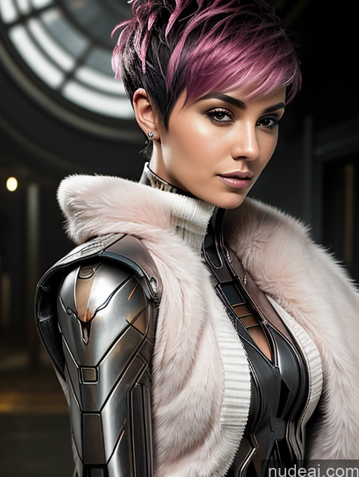 ai nude image of arafed woman with pink hair and a fur coat posing for a picture pics of Busty Big Ass Pubic Hair Tanned Skin Dark Skin Close-up View No Panties? French Futuristicbot V2 Fantasy Armor Pixie Pink Hair