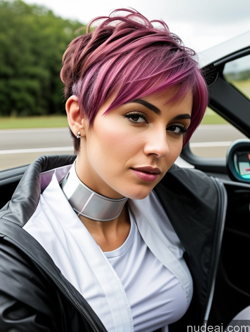 ai nude image of arafed woman with pink hair in a car with a collar around her neck pics of Busty Pubic Hair Tanned Skin Dark Skin Close-up View No Panties? French Futuristicbot V2 Pixie Pink Hair Legspread Race Driver