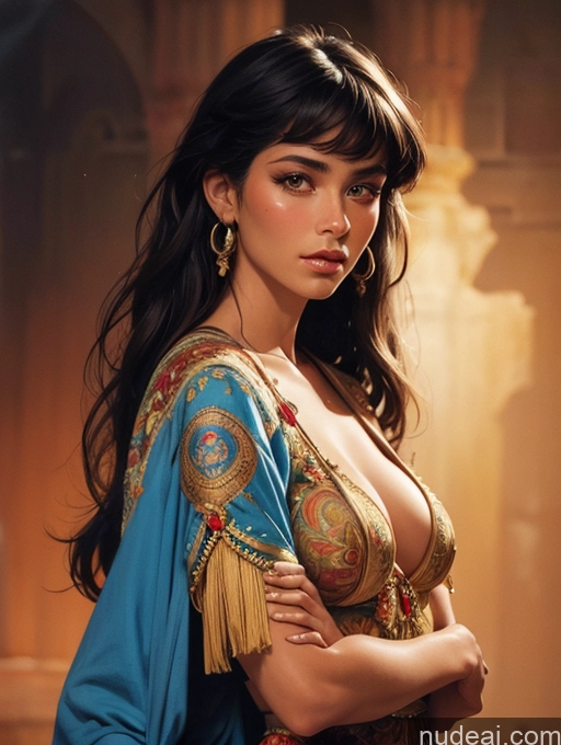 ai nude image of araffe woman in a blue and gold dress posing for a picture pics of Small Tits Tanned Skin Portuguese Front View Traditional Art By Boris Vallejo Boris Vallejo Art Style Bangs