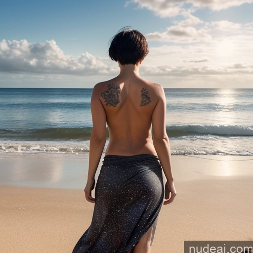 ai nude image of there is a woman walking on the beach with a surfboard pics of Two Big Ass Perfect Boobs Beautiful Tattoos Thick Fairer Skin 40s Serious Pixie White Black Hair Beach Stargazing Back View Bending Over Long Skirt Topless Dark Lighting Detailed