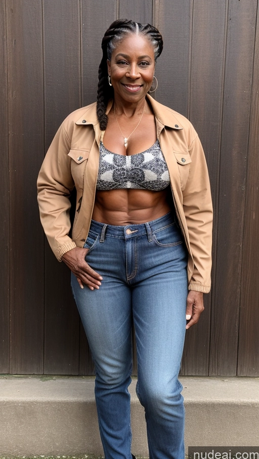 ai nude image of arafed woman in jeans and a jacket standing in front of a wooden wall pics of Milf Muscular Abs Dark Skin Braided Pubic Hair Big Ass Black Lumberjack Jeans Jacket Western Traditional Thick Big Hips Partially Nude 70s