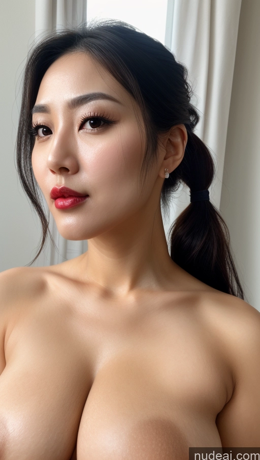 ai nude image of arafed asian woman with big breast posing for a picture pics of Woman One Busty Perfect Boobs Beautiful Lipstick Black Hair Ponytail Close-up View Detailed 30s Korean