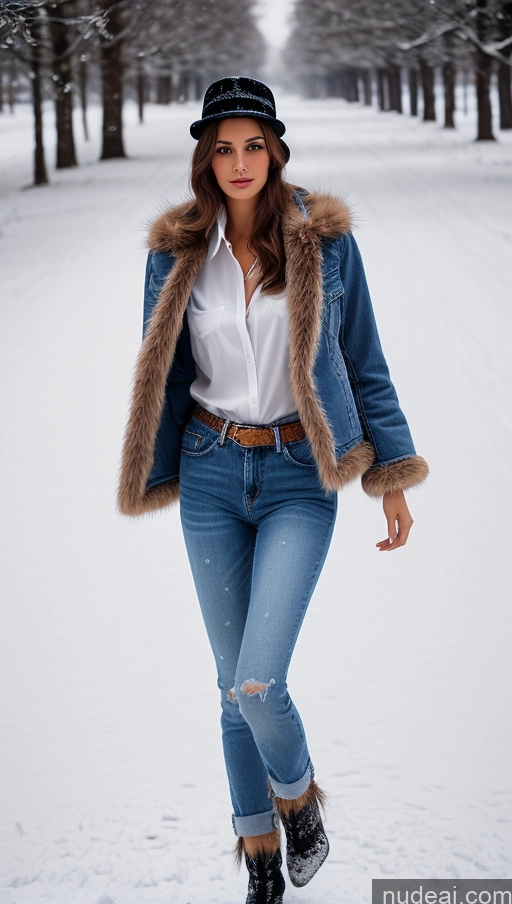 ai nude image of arafed woman in a hat and jacket walking in the snow pics of One Long Legs Perfect Body 18 Seductive Brunette Straight Hungarian 3d Front View Jeans Diamond Jewelry Shirt Woman Snow Jumping Boots Blouse Fur Jacket Hat