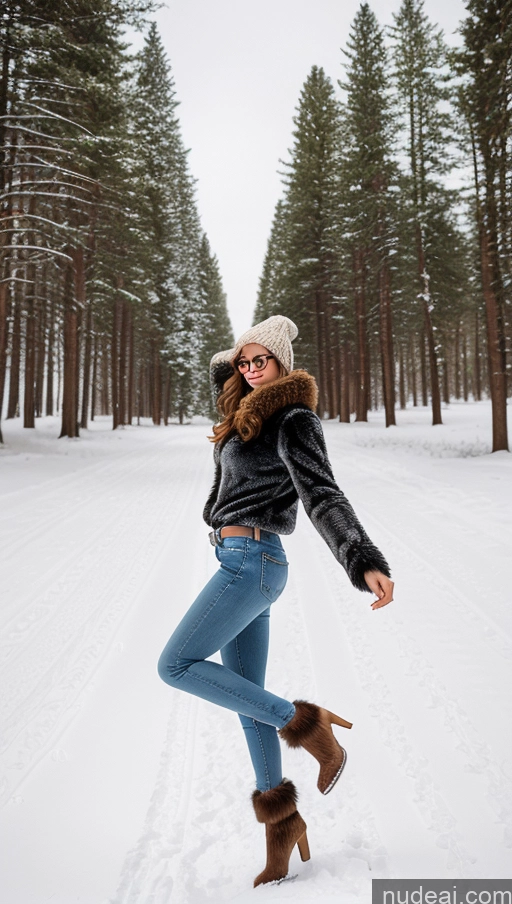 ai nude image of araffe woman in winter clothes and boots jumping in the snow pics of One Long Legs Perfect Body 18 Seductive Brunette Straight 3d Front View Jeans Diamond Jewelry Shirt Woman Snow Jumping Boots Blouse Fur Hat Glasses Beautiful