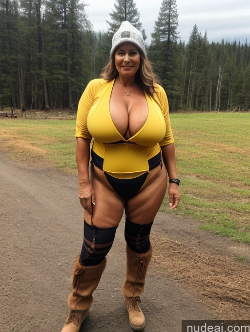 ai nude image of a woman in a yellow shirt and black pants posing for a picture pics of Milf One Busty Huge Boobs Thick Tanned Skin Front View Microkini Thong Native American Witch Lumberjack Construction Worker 60s