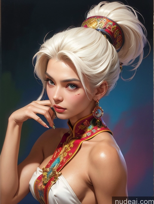 ai nude image of blond woman with a high bun in a white dress and a colorful scarf pics of Small Tits Tanned Skin Chinese Front View Traditional Art By Boris Vallejo Boris Vallejo Art Style White Hair