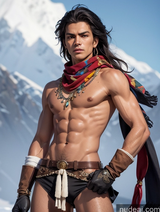 ai nude image of arafed man with a scarf and leather shorts posing for a picture pics of Athlete Small Tits Skinny Abs Tanned Skin Front View Gloves Scarf Traditional Jewelry Garterbelt, Black Fabric, Floral Embroidery, Wearing The Garterbelt, Iron Chains Art By Boris Vallejo Boris Vallejo Art Style Native American