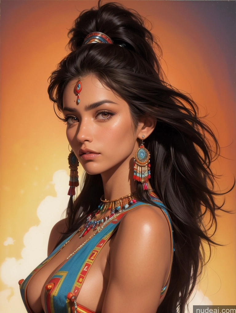 ai nude image of arafed woman with long hair wearing a colorful dress and earrings pics of Small Tits Tanned Skin Native American Front View Traditional Art By Boris Vallejo Boris Vallejo Art Style Bangs