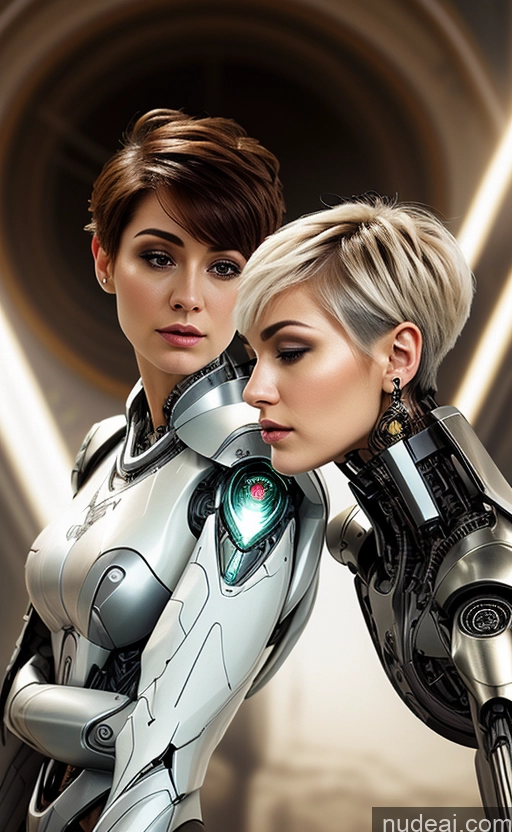 ai nude image of there are two women in futuristic costumes posing for a picture pics of Futuristicbot V2 Woman Busty Pixie Close-up View