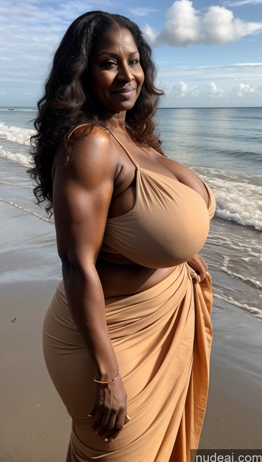 ai nude image of araffe woman in a tan dress standing on the beach pics of Busty Huge Boobs Beautiful Muscular Thick Big Hips Dark Skin Detailed Sexy Face Ginger Seductive 80s Milf Tattoos T-pose Long Hair Blouse Sari Front View Black Abs Big Ass Beach