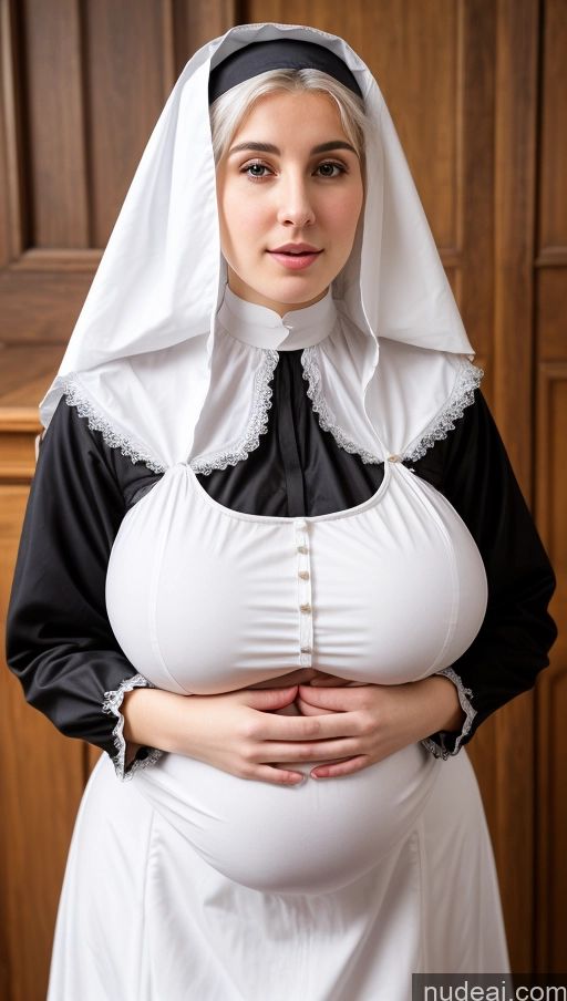 ai nude image of pregnant woman dressed in nun costume with white dress and black headband pics of Huge Boobs Big Ass Thick Beautiful Busty Perfect Boobs Big Hips Fairer Skin Perfect Body Dirndl Cleavage White Hair Western Nun Victorian Shocked Sad Pregnant 18 Jewish