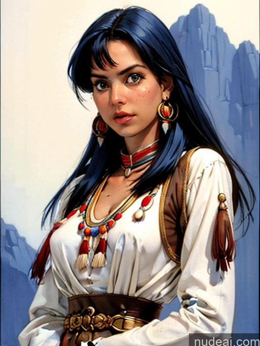 ai nude image of arafed woman with blue hair and jewelry in a white dress pics of Small Tits Tanned Skin Native American Front View Traditional Art By Boris Vallejo Boris Vallejo Art Style Bangs Objection!