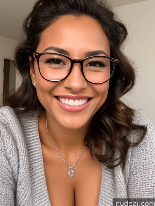 ai nude image of smiling woman wearing glasses and a grey sweater posing for a picture pics of Woman One Tanned Skin Short Perfect Body Glasses Perfect Boobs Pubic Hair Latina Front View Blowjob Diamond Jewelry 20s Happy Brunette Curly Hair Sweater