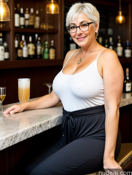 ai nude image of there is a woman sitting at a bar with a glass of wine pics of Milf Busty Perfect Boobs Glasses Big Ass Thick Big Hips Short Pubic Hair Hairy Women 50s Bobcut White Hair Harem Pants Chubby Tunic Bar