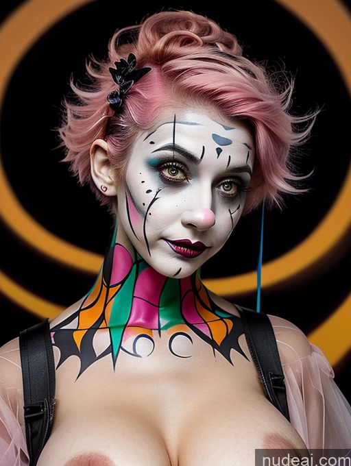 ai nude image of arafed woman with pink hair and makeup posing for a picture pics of Busty Clown Halloween Futuristicbot V2 Huge Tits, Hard Nipples Pink Hair Pixie