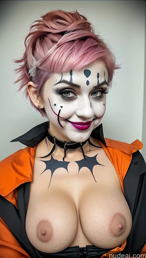 ai nude image of arafed woman with pink hair and a black top has a halloween makeup pics of Busty Clown Halloween Futuristicbot V2 Huge Tits, Hard Nipples Pink Hair Pixie Laughing