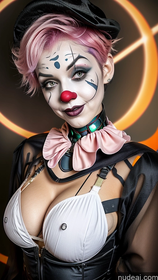 ai nude image of araffe clown makeup and costume with a pink wig and a black top hat pics of Busty Clown Halloween Futuristicbot V2 Huge Tits, Hard Nipples Pink Hair Pixie Laughing