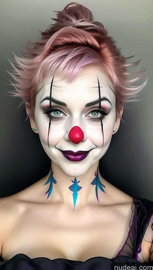 ai nude image of araffe clown makeup with pink hair and blue eyes pics of Busty Clown Halloween Futuristicbot V2 Huge Tits, Hard Nipples Pink Hair Pixie Laughing