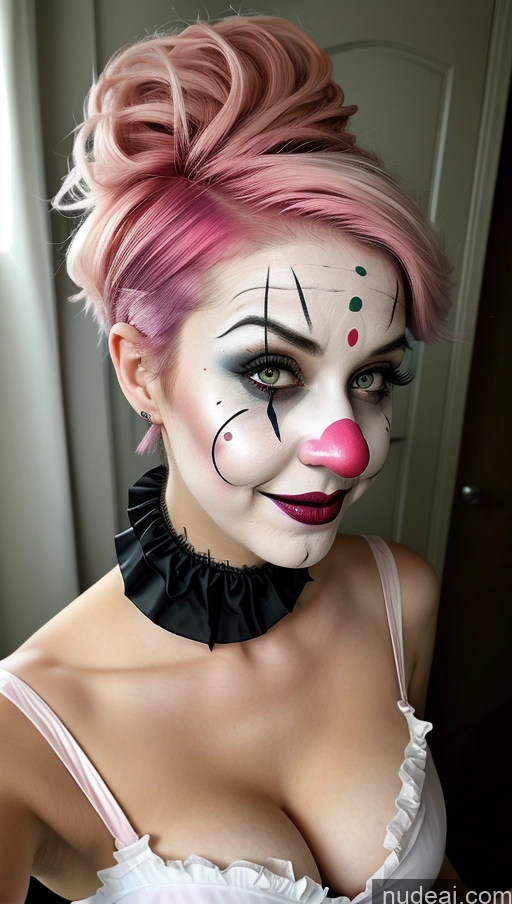 ai nude image of araffe clown makeup and pink hair with a black bow tie pics of Busty Clown Halloween Futuristicbot V2 Huge Tits, Hard Nipples Pink Hair Pixie Laughing