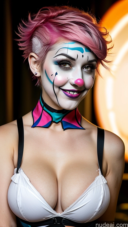 ai nude image of araffe woman with pink hair and makeup wearing a clown makeup pics of Busty Clown Halloween Futuristicbot V2 Huge Tits, Hard Nipples Pink Hair Pixie Laughing