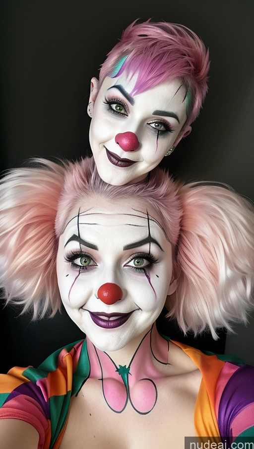 ai nude image of clown makeup and makeup artist posing for a picture with a clown pics of Busty Clown Halloween Futuristicbot V2 Huge Tits, Hard Nipples Pink Hair Pixie Laughing