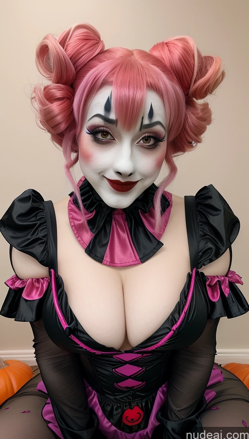 ai nude image of araffe dressed in a costume with a pink wig and black dress pics of Busty Huge Tits, Hard Nipples Pink Hair Pixie Laughing EdgABT_woman,edgABT_face,edgABT_body, EdgABT_(cosplay Outfit) Clown Halloween Close-up View Demon Style