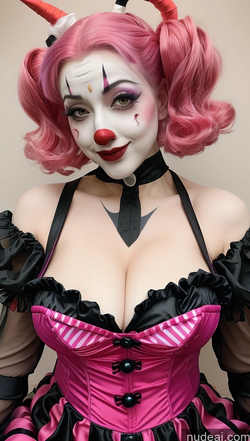 ai nude image of araffe dressed in a pink corset and black dress pics of Busty Huge Tits, Hard Nipples Pink Hair Pixie Laughing EdgABT_woman,edgABT_face,edgABT_body, EdgABT_(cosplay Outfit) Clown Halloween Close-up View Demon Style