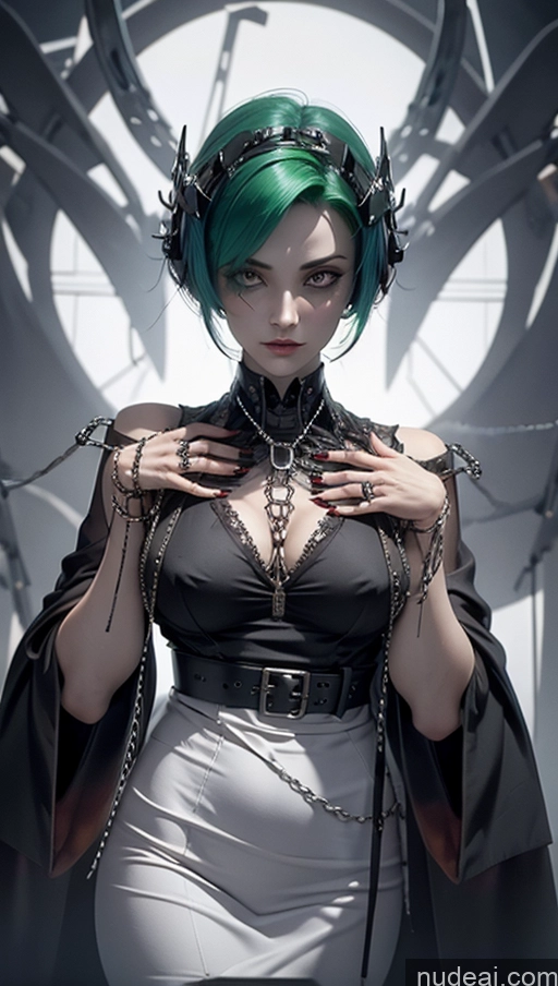 ai nude image of arafed woman with green hair and a black cape posing for a picture pics of Close-up View Goth FairArguementBut Green Hair Futuristicbot V2 Garterbelt, Black Fabric, Floral Embroidery, Wearing The Garterbelt, Iron Chains Perfect Boobs 3d