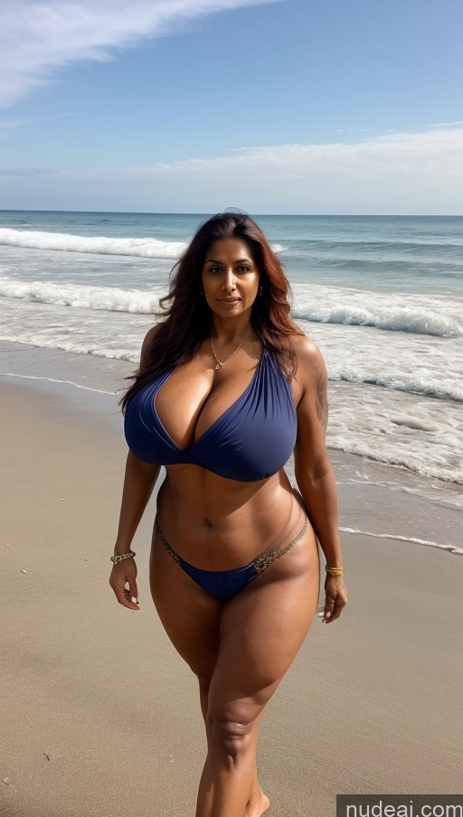 ai nude image of araffe woman in a blue bikini walking on the beach pics of One Huge Boobs Busty Tattoos Thick Big Hips Tall Beautiful Dark Skin 60s Seductive Sexy Face T-pose Muscular Milf Long Hair Ginger Big Ass Abs Simple Front View Blouse Sari Beach Indian