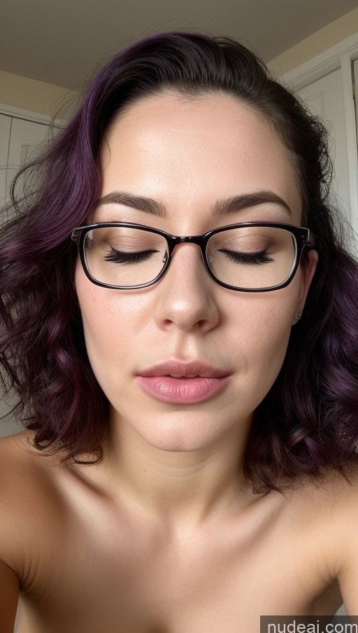 ai nude image of arafed woman with glasses and purple hair posing for a picture pics of Nude Front View Bedroom Skin Detail (beta) French Purple Hair Orgasm 30s Glasses Small Tits Big Hips Fairer Skin Short Woman One Bright Lighting Detailed Curly Hair Cumshot Shocked Pouting Lips